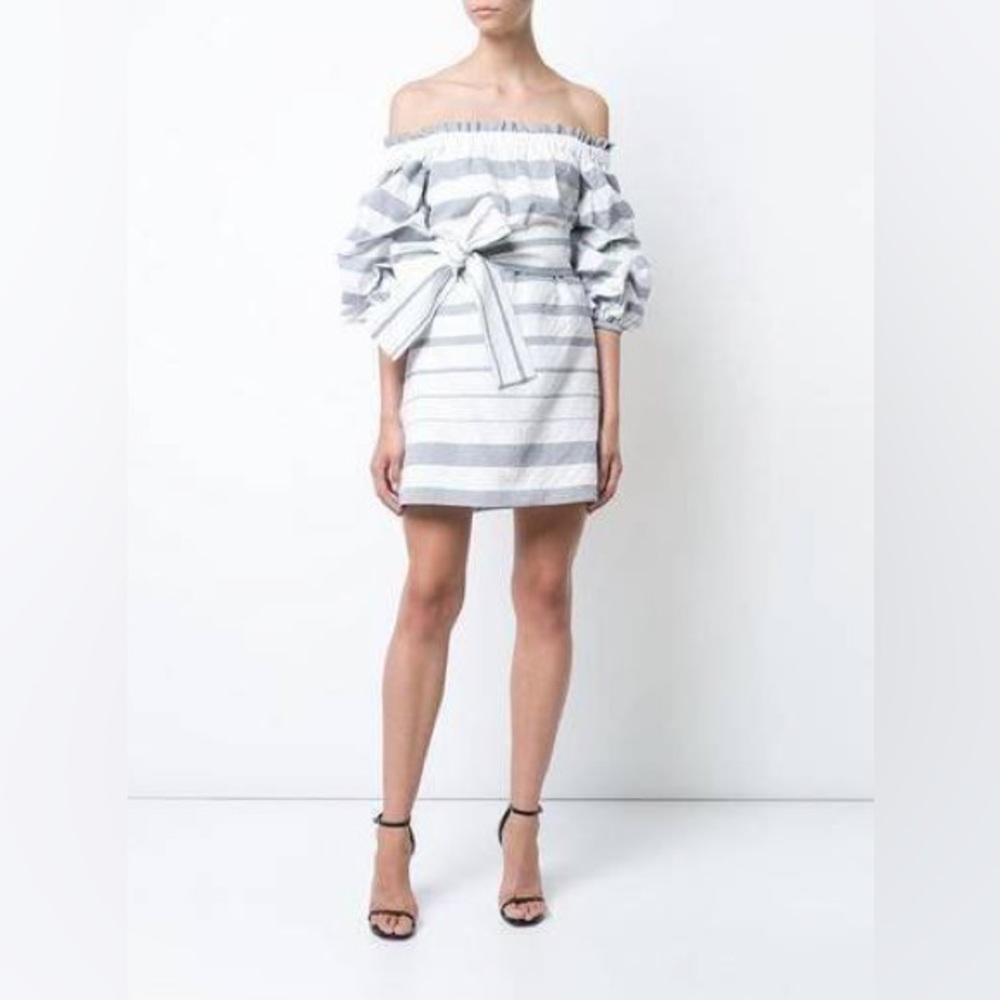 Alexis Olevetti Off The Shoulder Ruffled Striped Mini Dress Grey White XS - Picture 2 of 9